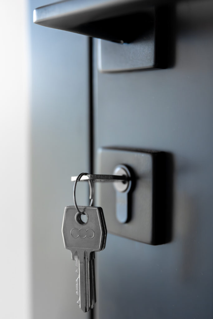 Ferragens para portas com fechadura segura em detalhe, mostrando chave no cilindro e acessórios para portas com dobradiças reforçadas.