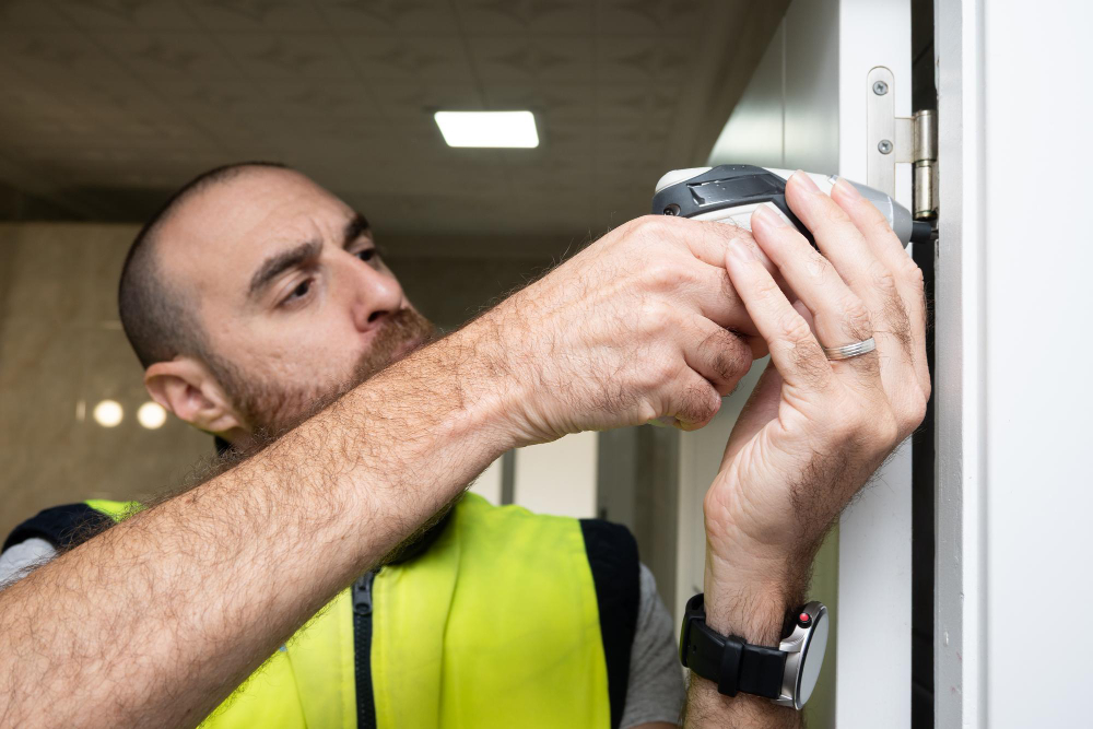 Profissional realizando manutenção em dobradiça de porta, ilustrando cuidados necessários para manter portas e janelas de madeira por mais tempo em bom estado.