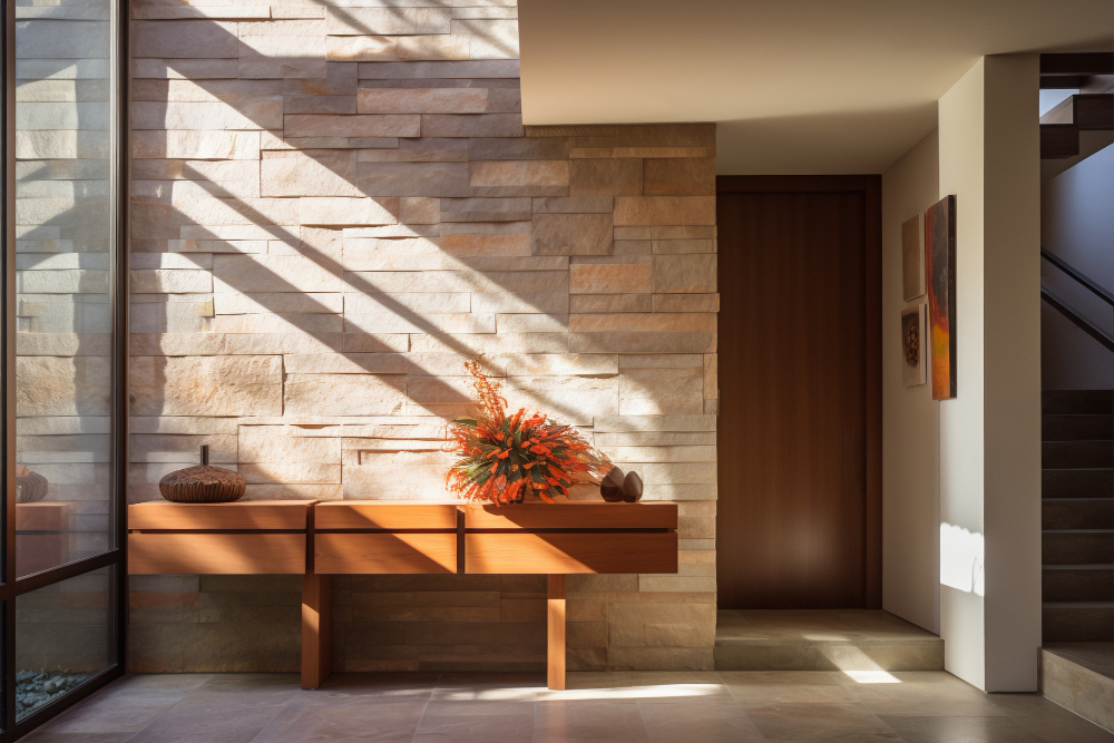 Porta ideal para entrada residencial moderna, com painel escuro, iluminação natural, plantas decorativas e acabamento sofisticado no hall.