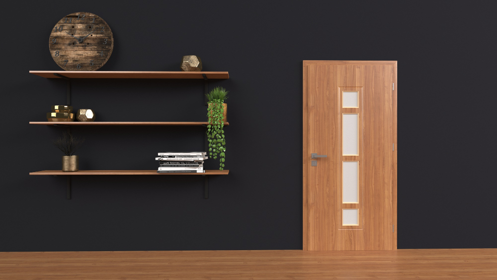 Tendências em portas e acabamentos para projetos residenciais, com porta de madeira em ambiente interno moderno e parede escura.