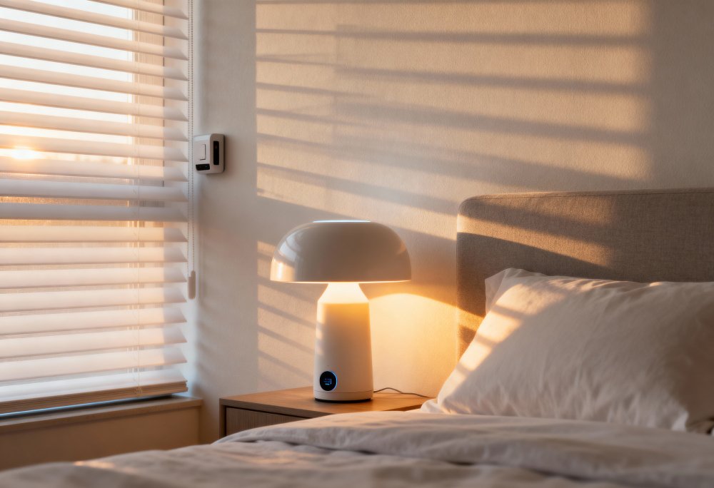 Quarto iluminado pela luz do sol filtrada por uma janela veneziana de madeira, criando conforto e privacidade no ambiente.