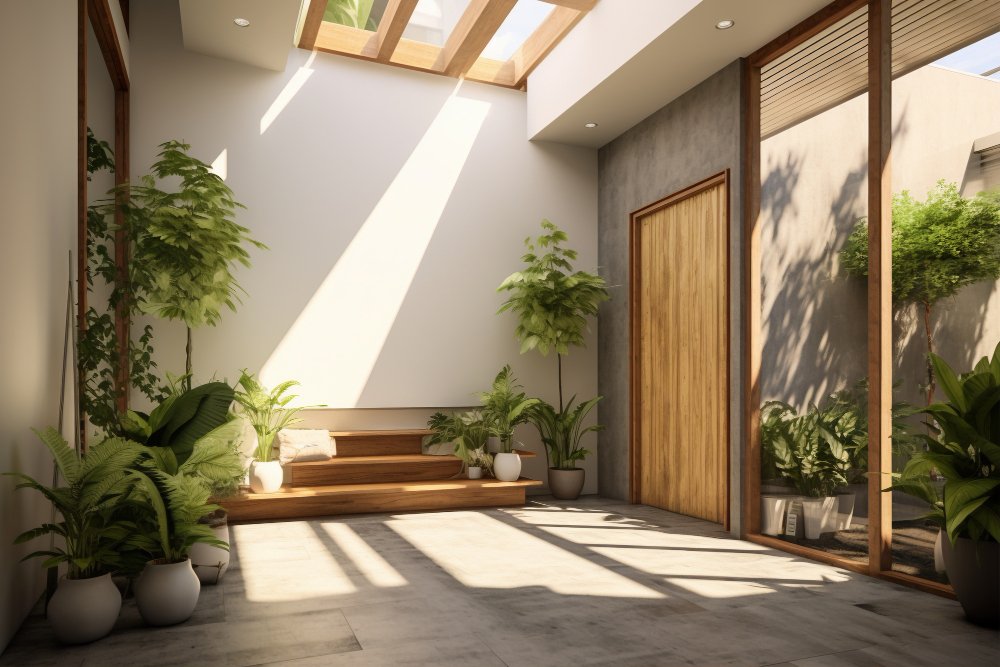 Porta-balcão de madeira aberta integra a sala ao jardim, ampliando a entrada de luz natural e o acesso à área externa.