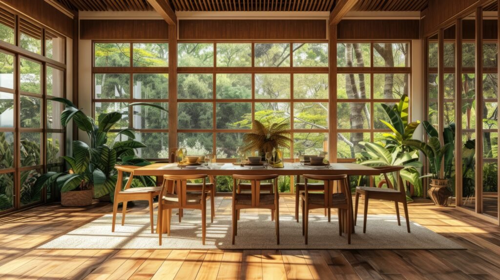 Portas e janelas de madeira na decoração de sala ampla, com luz natural, piso amadeirado e integração com a área externa.