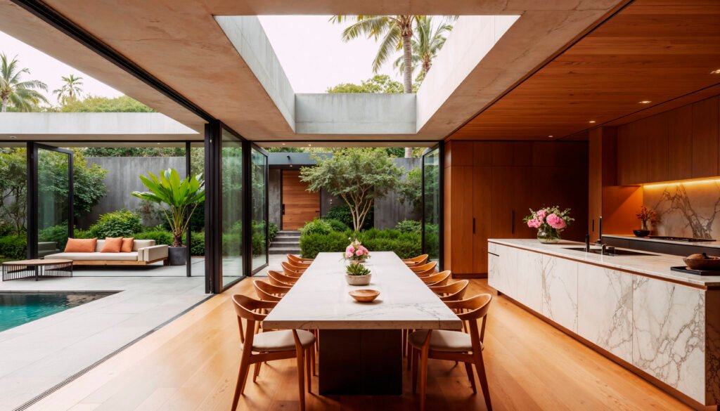 Portas e janelas para casas modernas em sala integrada, com grandes esquadrias de vidro, iluminação natural e acesso à área externa.